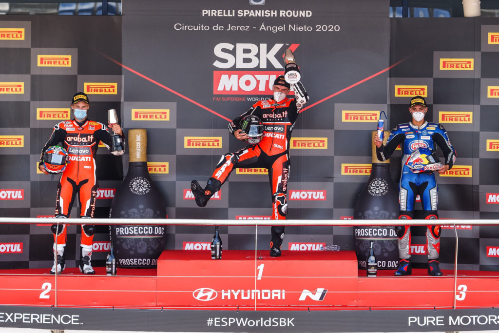 World Superbike Race Two winner Scott Redding (center), runner-up Chaz Davies (left), and third-place finisher Michael van der Mark (right) on the podium at Jerez. Photo courtesy Dorna WorldSBK Press Office.