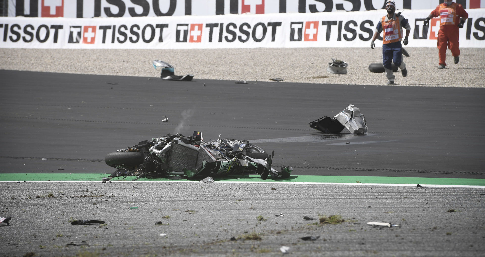 The remnants of Johann Zarco's Ducati after he and Franco Morbidelli crashed at high speed during the MotoGP race August 16 at the Red Bull Ring. Photo courtesy Dorna.