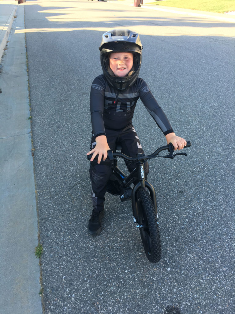 Test rider Nicholas Duffy on a Stacyc 16e electric balance bike. Photo by John Ulrich.