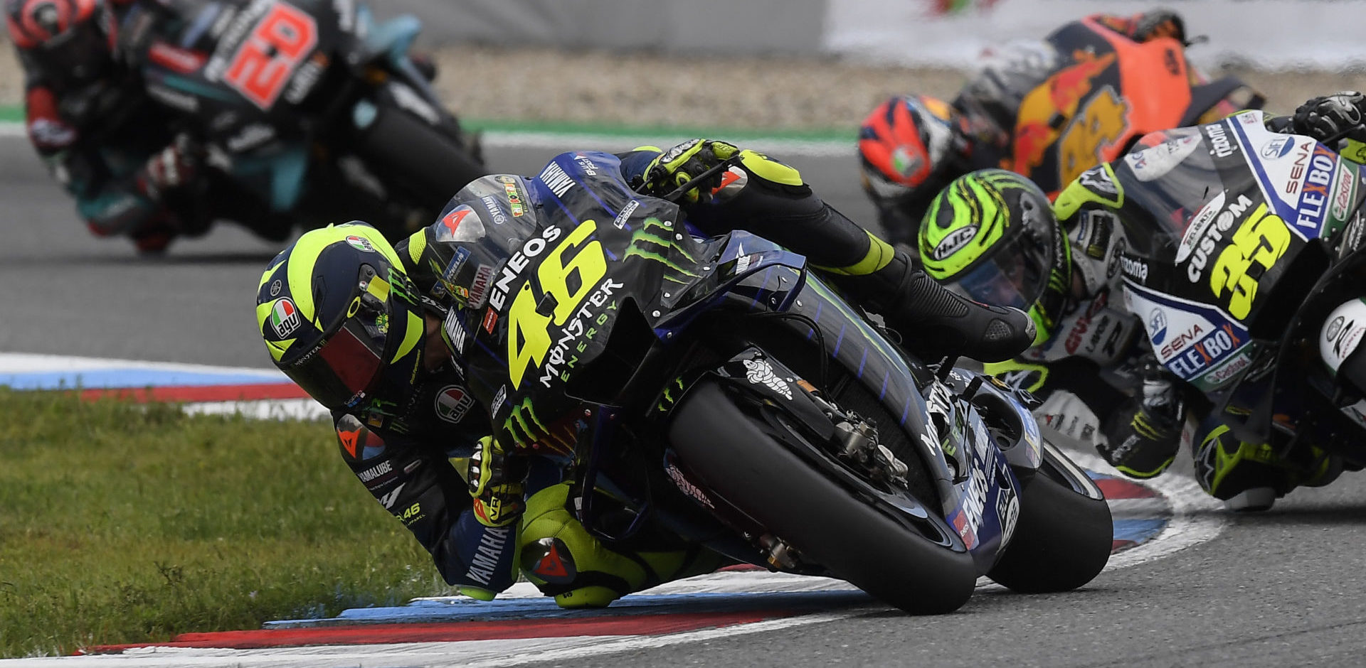 Valentino Rossi (46) leading Cal Crutchlow (35), Pol Espargaro (44), and Franco Morbidelli (21) at Brno in 2019. Photo courtesy Monster Energy Yamaha.