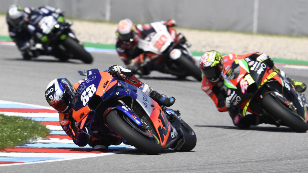 Miguel Oliveira (88) leading a group of riders during the MotoGP race at Brno. Photo courtesy Red Bull KTM Tech3.