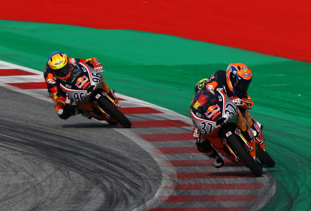 Pedro Acosta (37) hung on to beat David Munoz (64) and Daniel Holgado (96) in Red Bull MotoGP Rookies Cup Race One. Photo courtesy Red Bull.