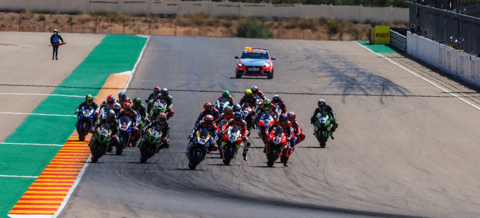 The start of World Superbike Race One at Motorland Aragon. Photo courtesy Dorna.