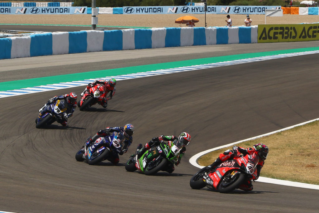 Scott Redding (45) leads Jonathan Rea (1), Toprak Razgatlioglu (54) Loris Baz (76), and Chaz Davies (7) during Race One at Jerez. Photo courtesy Dorna.