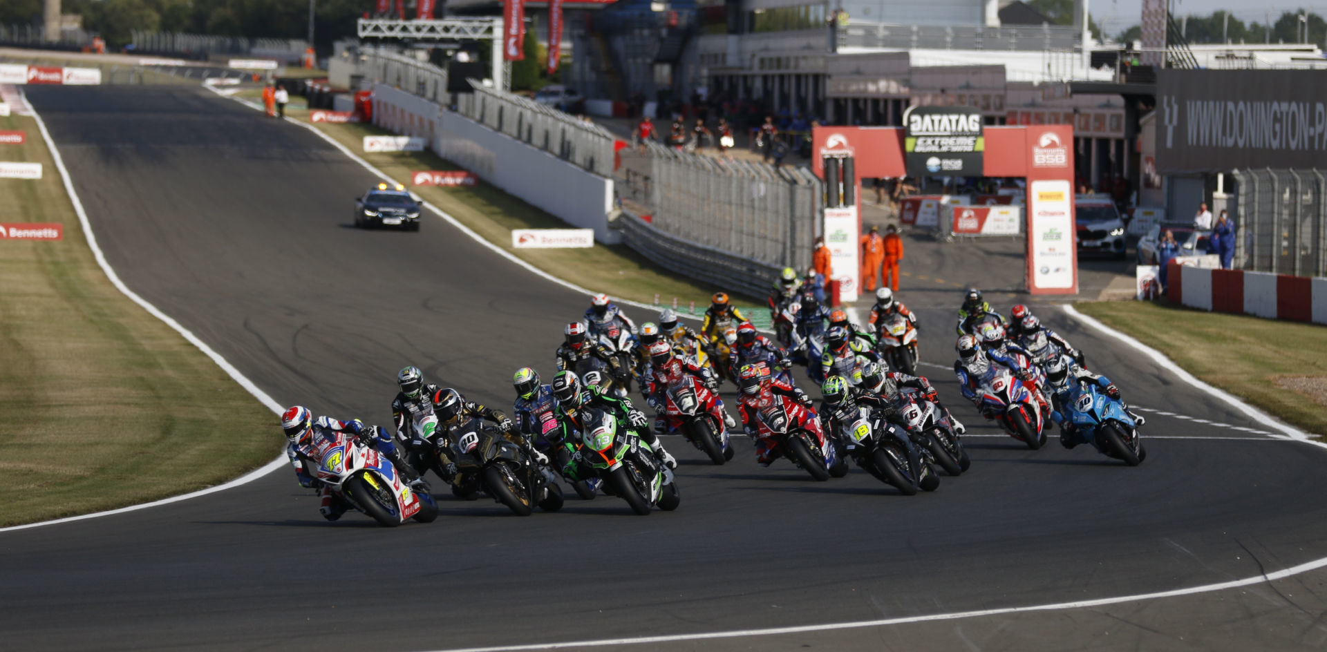 The start of British Superbike Race One at Donington Park. Photo courtesy MSVR.