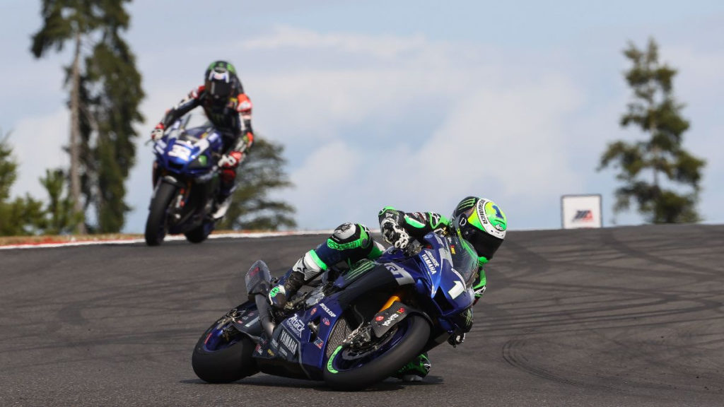 Cameron Beaubier (1) leading Jake Gagne (32) early in Superbike Race One. Photo by Brian J. Nelson, courtesy MotoAmerica.