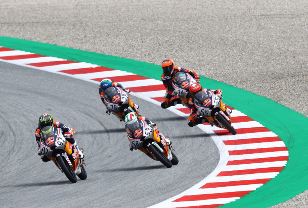 Rocco Landers (97) riding with Luca Lunetta (58), Noah Dettwiler (55), Ivan Ortola (24), and Matteo Bertelle (28) Friday at Red Bull Ring. Photo by Gold & Goose/Red Bull Content Pool.