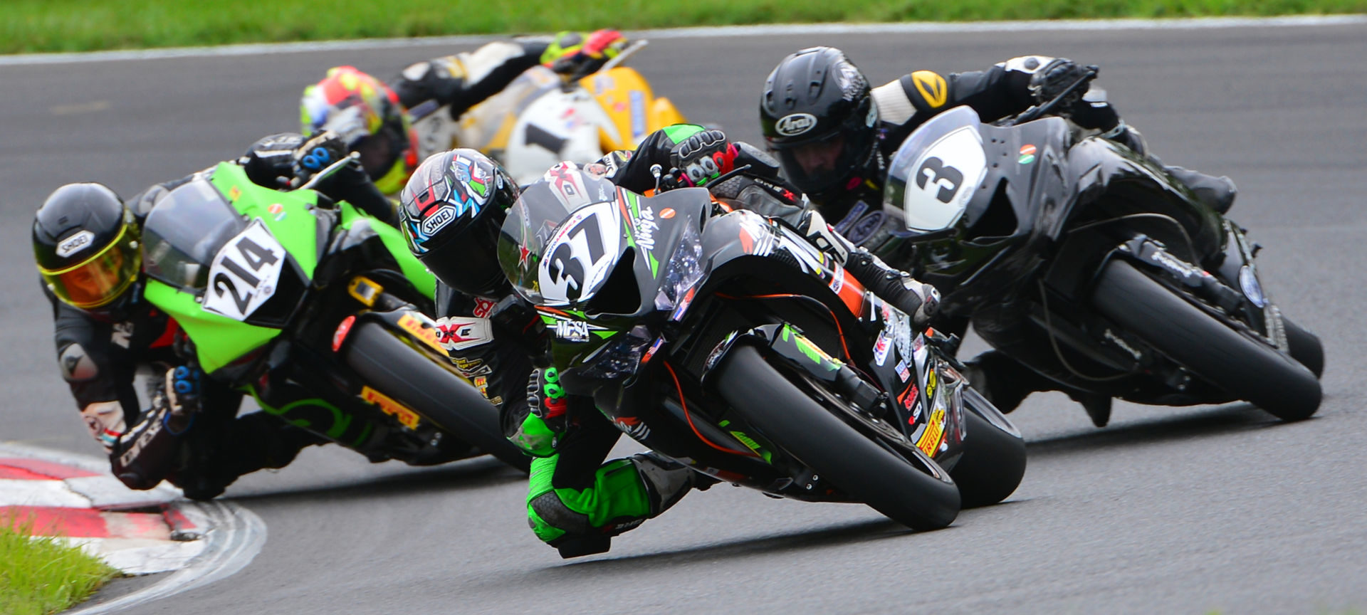 Stefano Mesa (37) leads Justin Jones (3), Xavier Zayat (214), and Greg Melka (1) during the CCS Middleweight Supersport race at Summit Point Motorsports Park. Photo by Lisa Theobald, courtesy ASRA/CCS.