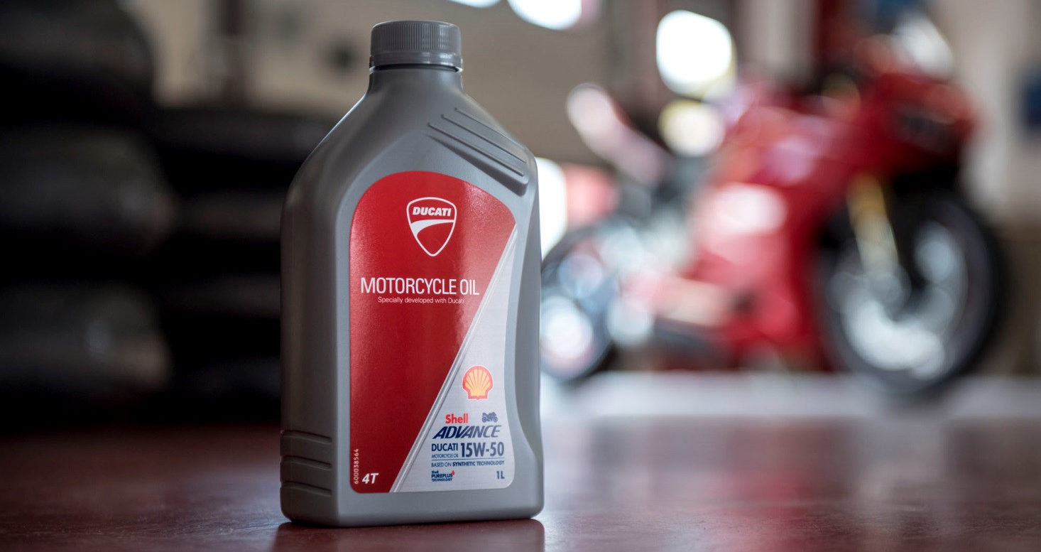 A container of Shell Advance Ducati motorcycle engine oil. Photo courtesy Ducati.