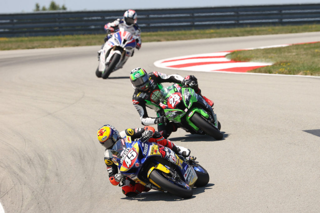 Cameron Petersen (45) leads Corey Alexander (23) and Travis Wyman (10) during Stock 1000 Race Two at PittRace. Photo by Brian J. Nelson, courtesy MotoAmerica.