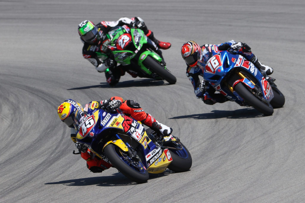 Cameron Petersen (45) leading Alex Dumas (16) and Corey Alexander (23) in Stock 1000 Race One. Photo by Brian J. Nelson, courtesy MotoAmerica.