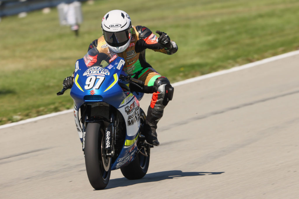 Rocco Landers (97) won the Twins Cup race at PittRace. Photo by Brian J. Nelson, courtesy MotoAmerica.