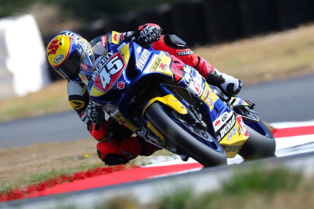 Cam Petersen (45) dominated the weekend on his Suzuki GSX-R1000 in the Stock 1000 class. Photo by Brian J. Nelson, courtesy Suzuki Motor of America, Inc.