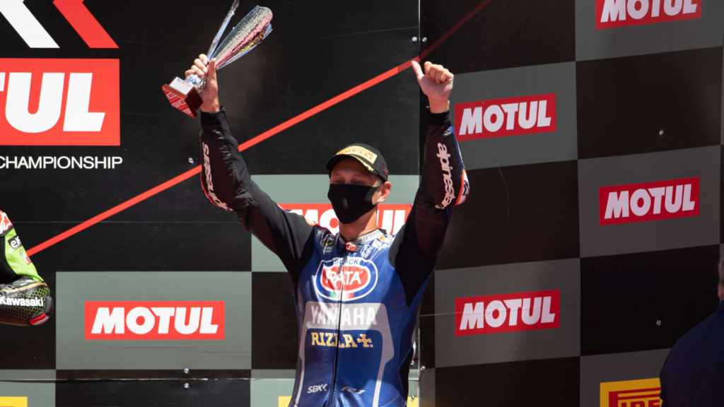 Michael van der Mark on the podium in Portugal. Photo courtesy Yamaha.