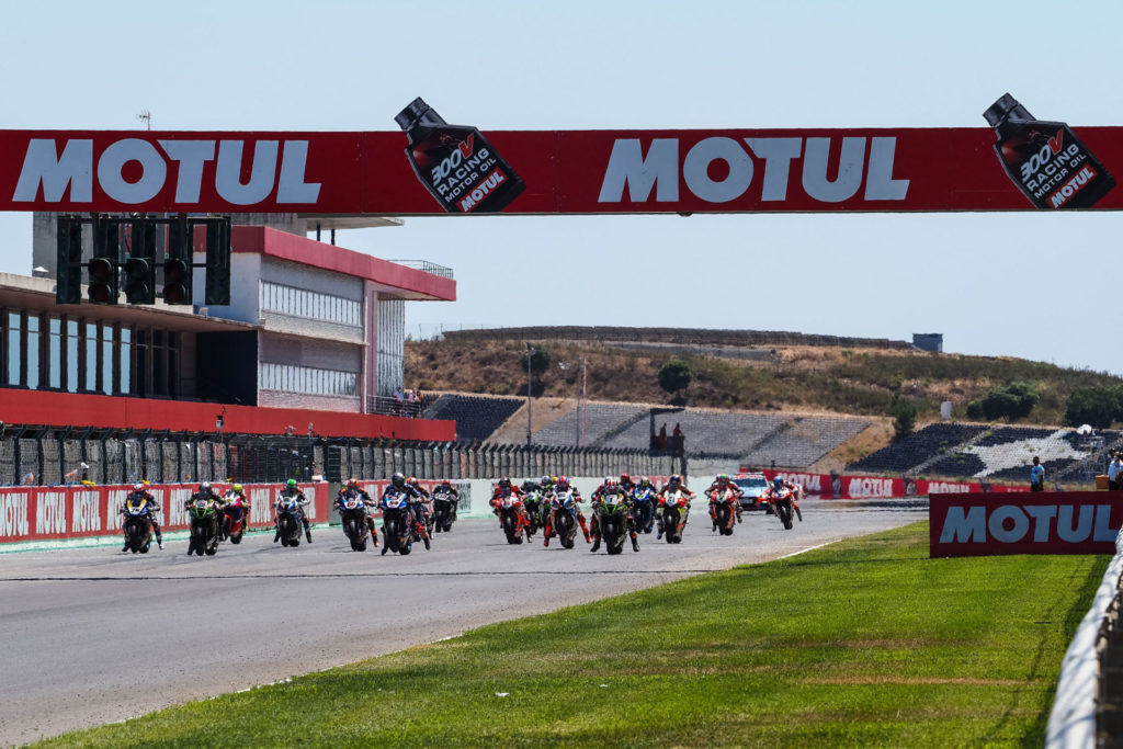 The start of World Superbike Race One at Algarve International Circuit in Portimao, Portugal. Photo courtesy Dorna WorldSBK Press Office.