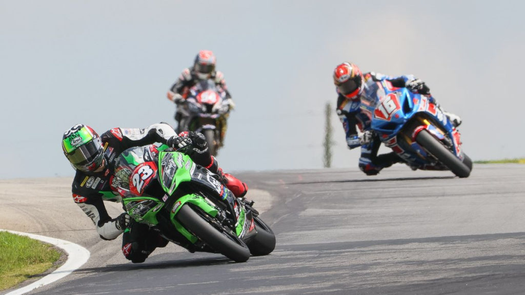 Corey Alexander (23) leads Alex Dumas (16) and Geoff May (54) during Stock 1000 Race Two. Photo by Brian J. Nelson, courtesy MotoAmerica.