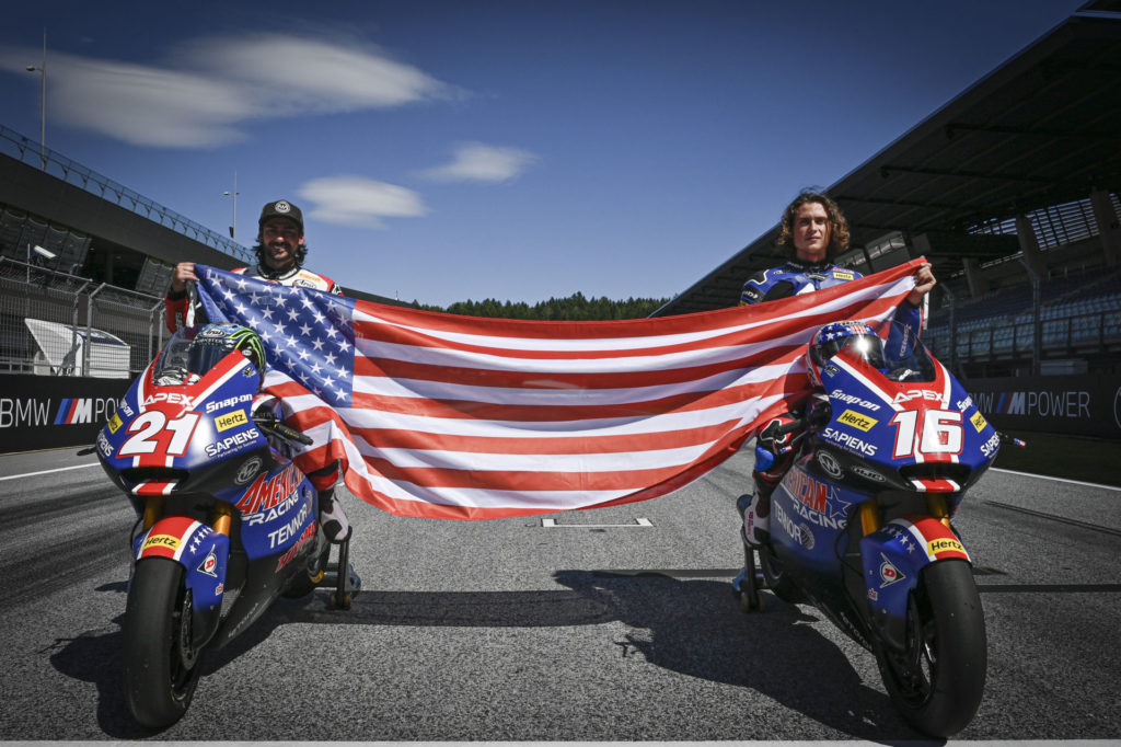 John Hopkins (left) and Joe Roberts (right) flying the stars and stripes at the Red Bull Ring. Photo courtesy Dorna.