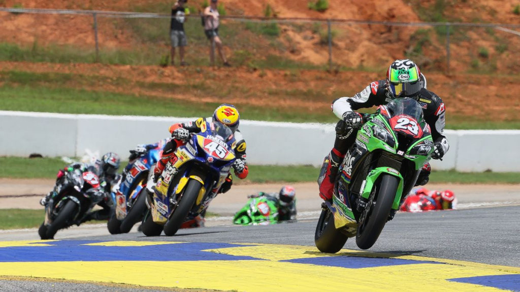 Corey Alexander (23) leads the start of Stock 1000 Race One at Road Atlanta. Photo by Brian J. Nelson, courtesy MotoAmerica.