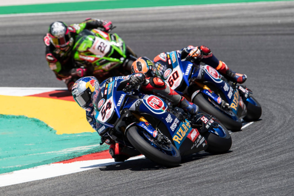 Toprak Razgatlioglu (54) and Michael van der Mark (60) lead Alex Lowes (22) in Portugal. Photo courtesy Yamaha.