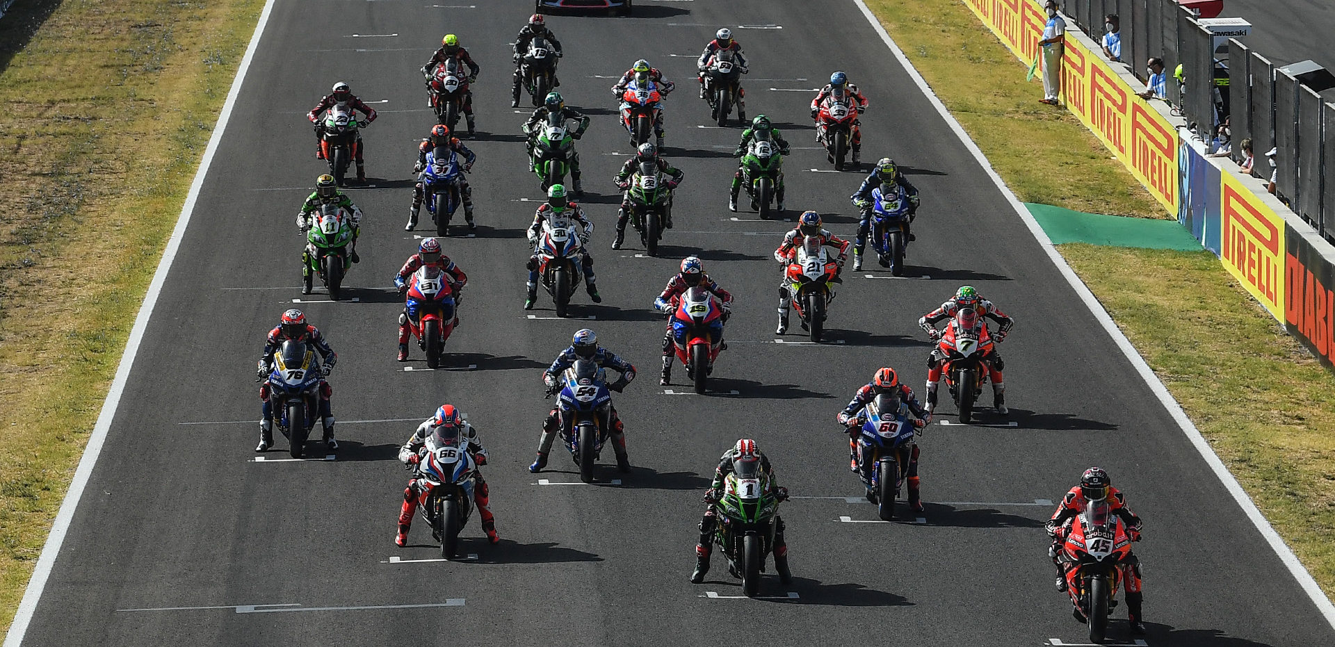 The World Superbike field lined up for a race start at Jerez. Photo courtesy Dorna WorldSBK Press Office.