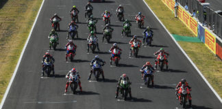The World Superbike field lined up for a race start at Jerez. Photo courtesy Dorna WorldSBK Press Office.