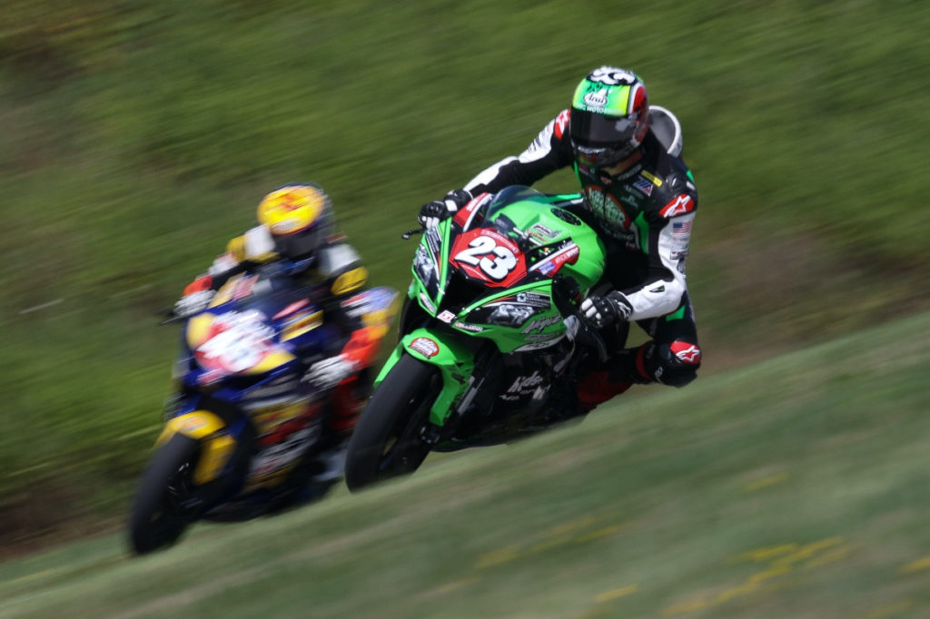 Corey Alexander (23) and Cameron Petersen (45) at speed at PittRace. Photo by Brian J. Nelson, courtesy Ride HVMC Racing.