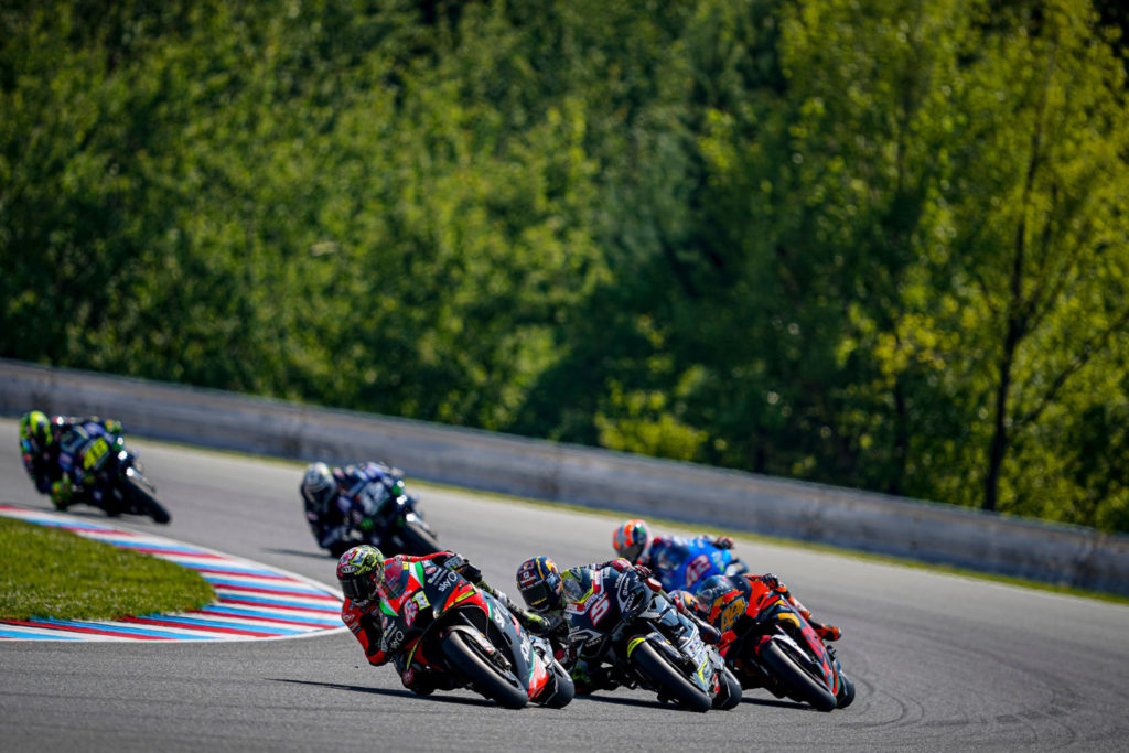 Alexi Espargaro (41) leading Johann Zarco (5), Pol Espargaro (44), Alex Rins (42), Maverick Vinales (12), and Valentino Rossi (46) during the MotoGP race at Brno. Photo courtesy Aprilia.