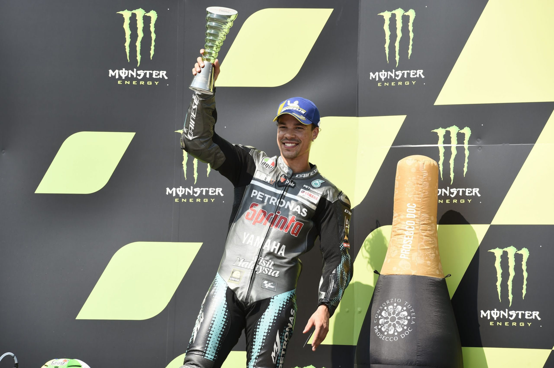 Franco Morbidelli on the podium at Brno. Photo courtesy PETRONAS Yamaha SRT.