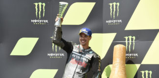 Franco Morbidelli on the podium at Brno. Photo courtesy PETRONAS Yamaha SRT.