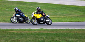 AHRMA racers David Felpel (32X) and Rick Richter (R3) in action at Gingerman Raceway. Photo by Jack Lahrman, courtesy AHRMA.