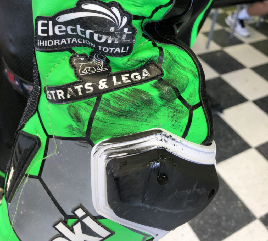 Escalante's leathers showed tire marks at the post-race press conference. The dominant rider in the 2020 Supersport season was elated by the battle despite finishing third. Photo by David Swarts.