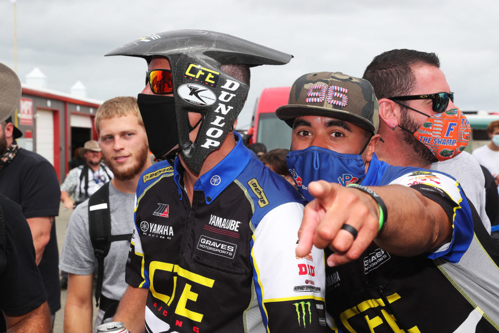 Superfans support New Jersey homeboy Brandon Paasch in front of the podium after Paasch's epic battle and almost-win in Supersport on Sunday. Photo by Brian J. Nelson.