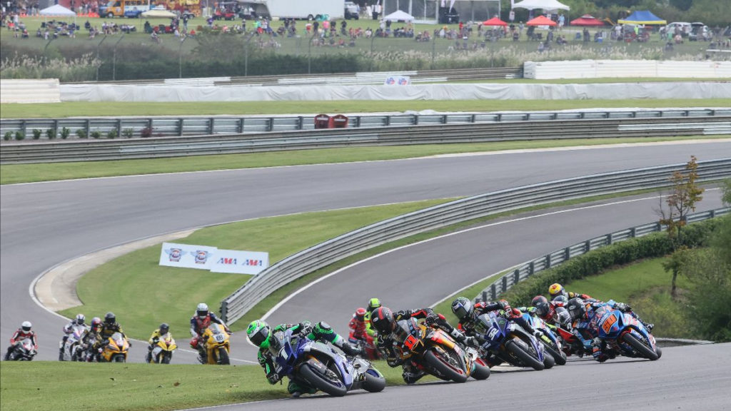 The start of MotoAmerica HONOS Superbike Race One. Photo by Brian J. Nelson.