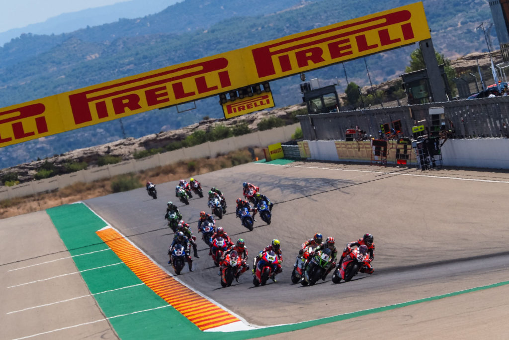 The start of World Superbike Race Two at Motorland Aragon II. Photo courtesy Dorna.