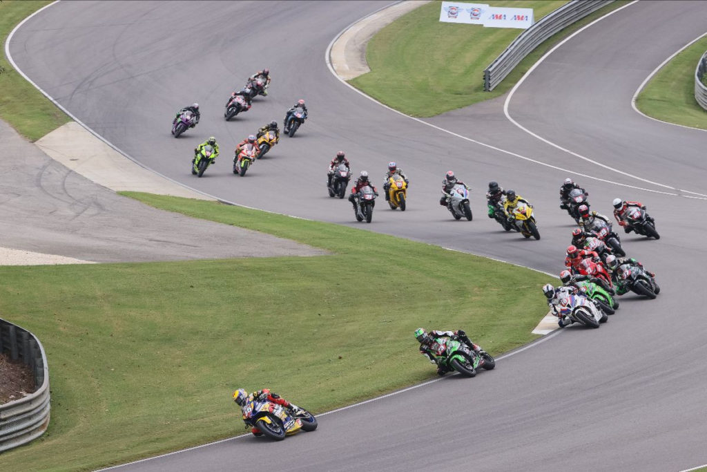 Cameron Petersen (45) leads the start of Stock 1000 Race One. Photo by Brian J. Nelson.