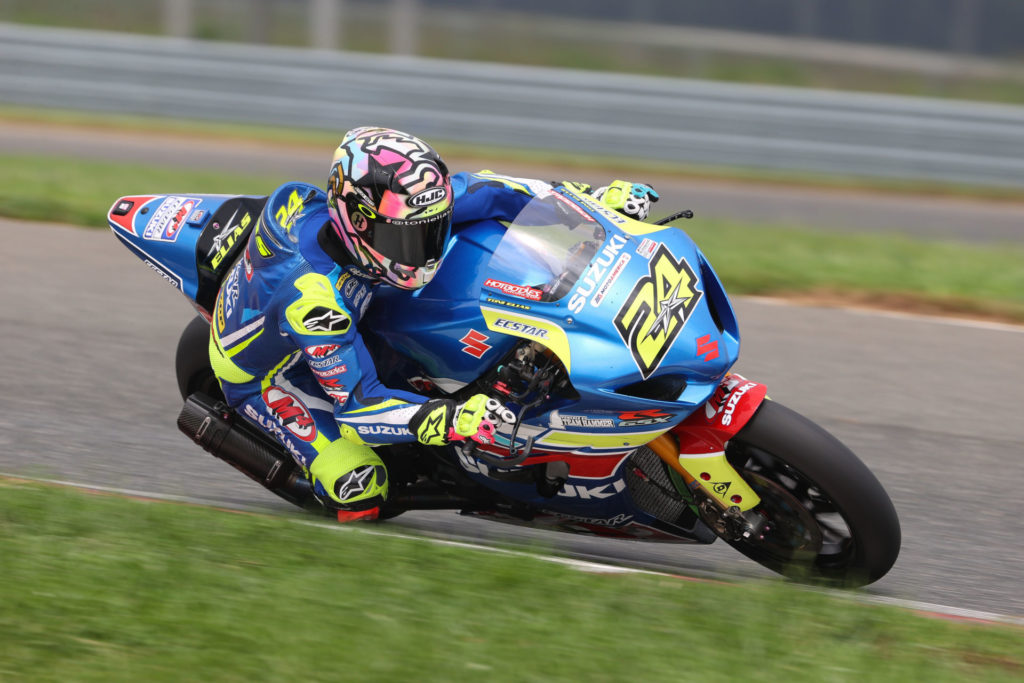 Toni Elias (24) was back on the podium in race 1 on his GSX-R1000 Superbike. Photo by Brian J. Nelson, courtesy Suzuki Motor of America, Inc.