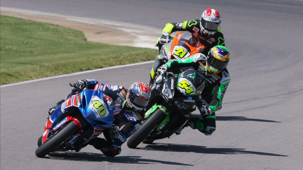 Sean Dylan Kelly (40), Richie Escalante (54), and Brandon Paasch (21) during Supersport Race Two. Photo by Brian J. Nelson, courtesy MotoAmerica.