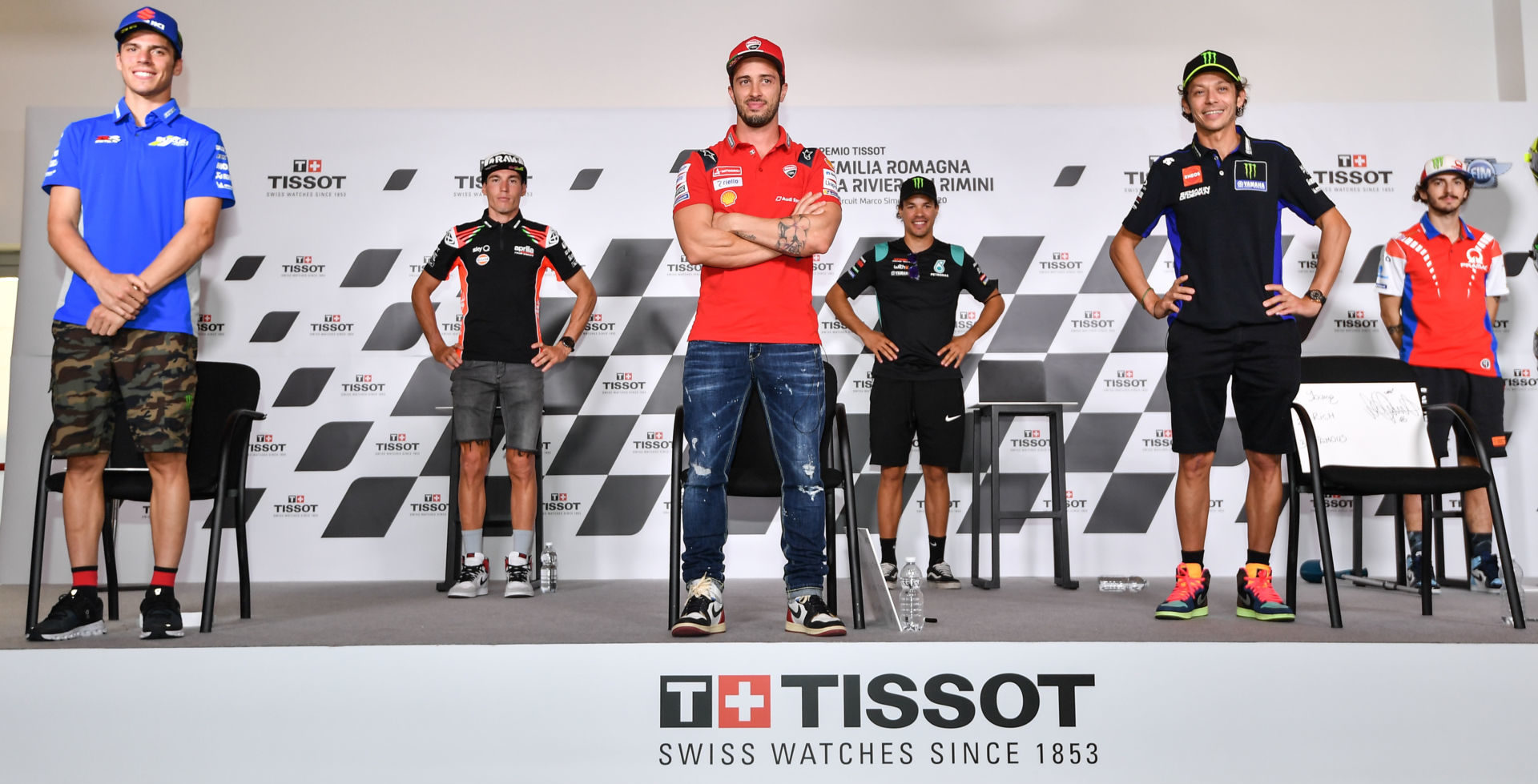 MotoGP riders (from left) Joan Mir, Aleix Espargaro, Andrea Dovizioso, Franco Morbidelli, Valentino Rossi, and Francesco Bagnaia at the pre-event press conference at Misano II. Photo courtesy Dorna.