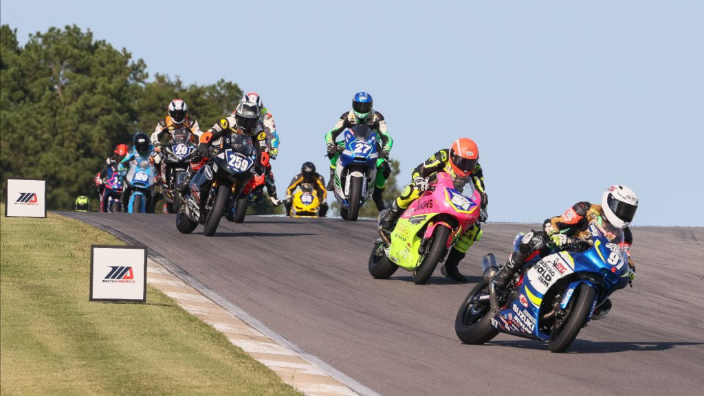 Rocco Landers (97) leads the Twins Cup field into Turn Five at the start of Race Two. Photo by Brian J. Nelson, courtesy MotoAmerica.