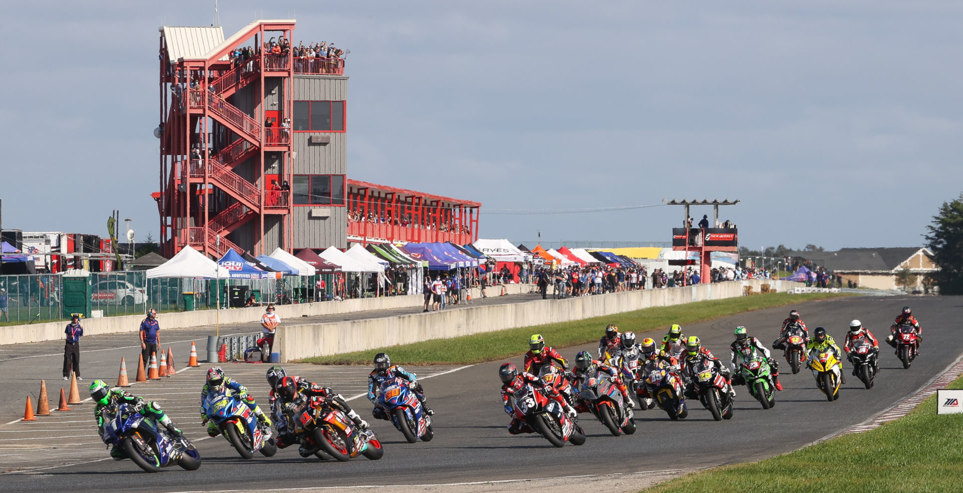 The start of MotoAmerica HONOS Superbike Race One at New Jersey Motorsports Park. Photo by Brian J. Nelson.