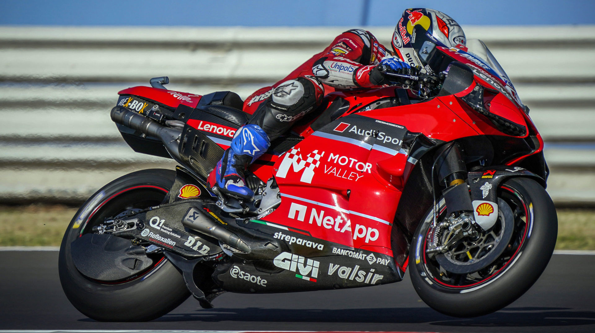 Andrea Dovizioso (04) with the Motor Valley Development Association logo on his Ducati Desmosedici GP20 at Misano. Photo courtesy Ducati.