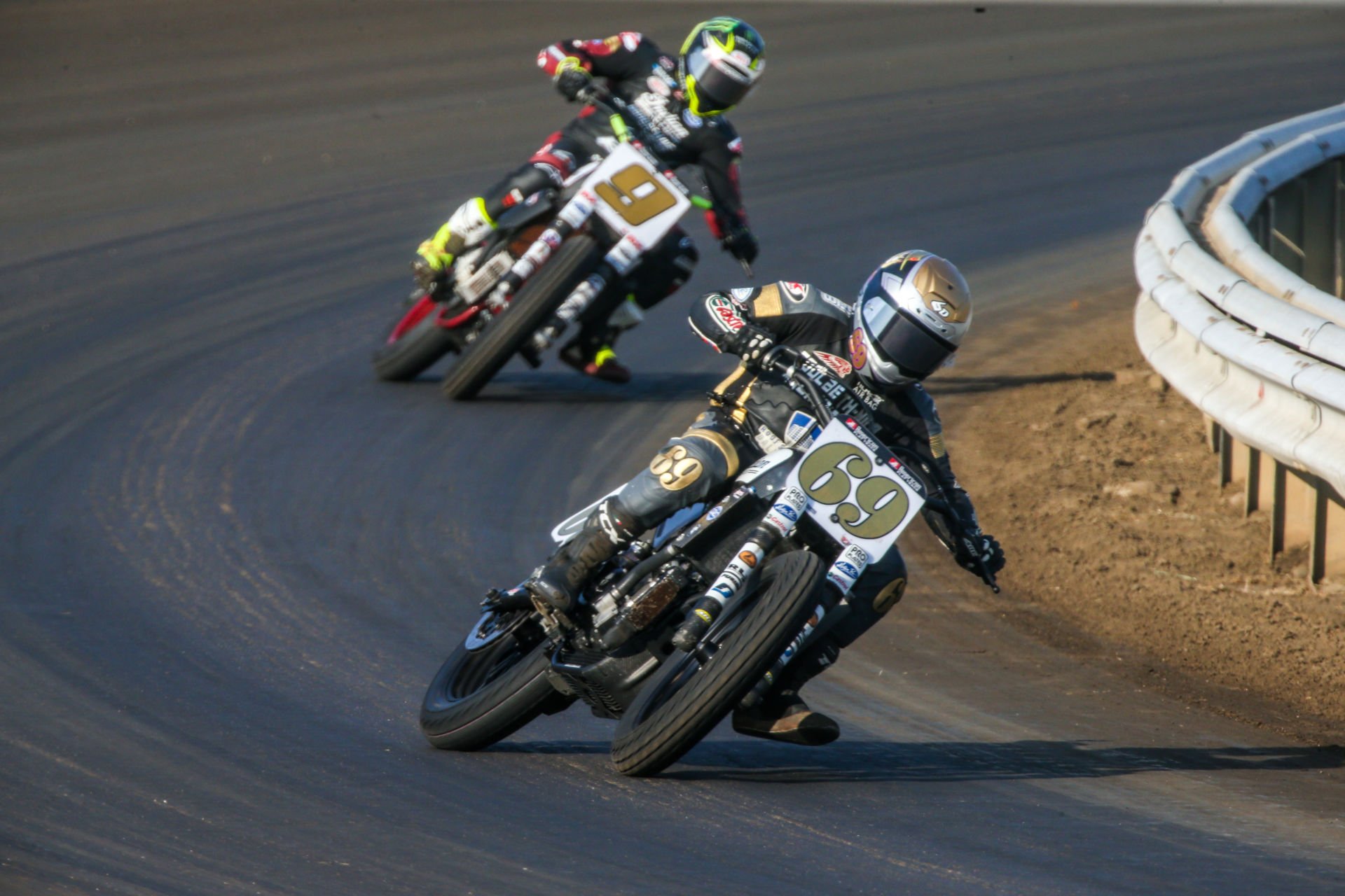 Sammy Halbert (69) leads Jared Mees (9) during the AFT SuperTwins race at Springfield Mile I. Photo by Scott Hunter, courtesy AFT.