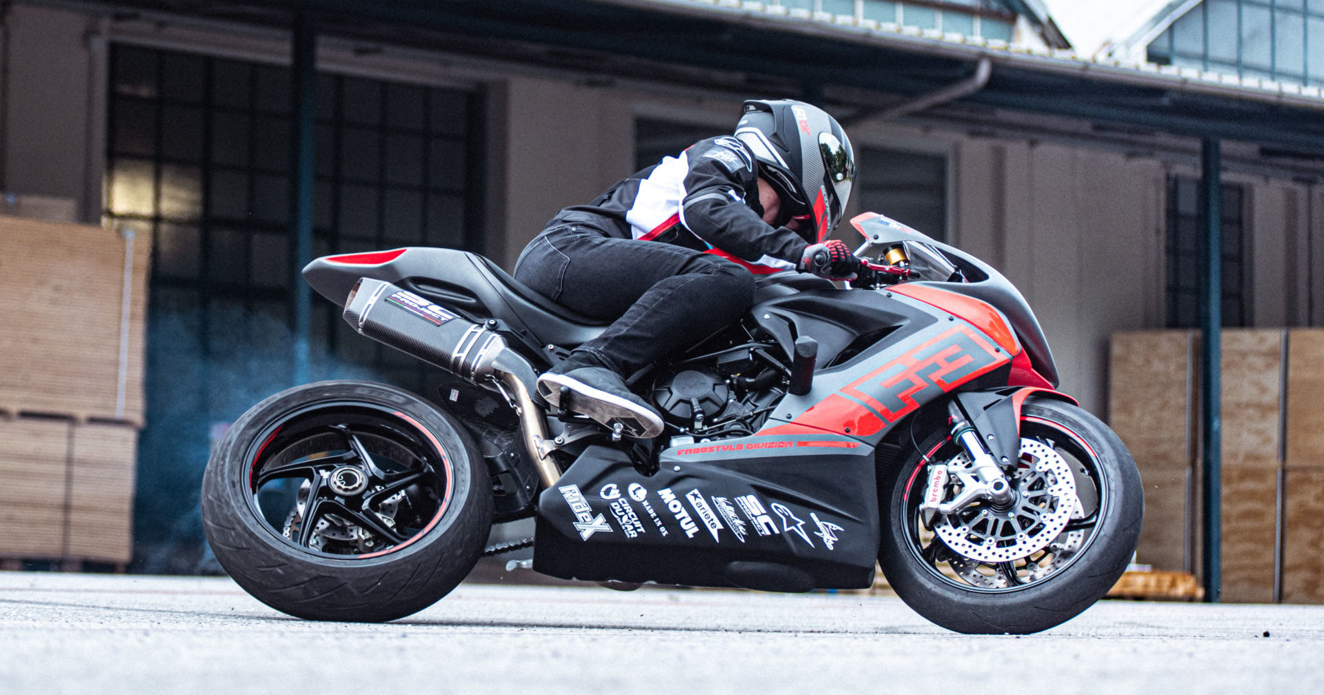 Stunt rider Thibaut Nogues in action on his MV Agusta F3 800. Photo courtesy MV Agusta.