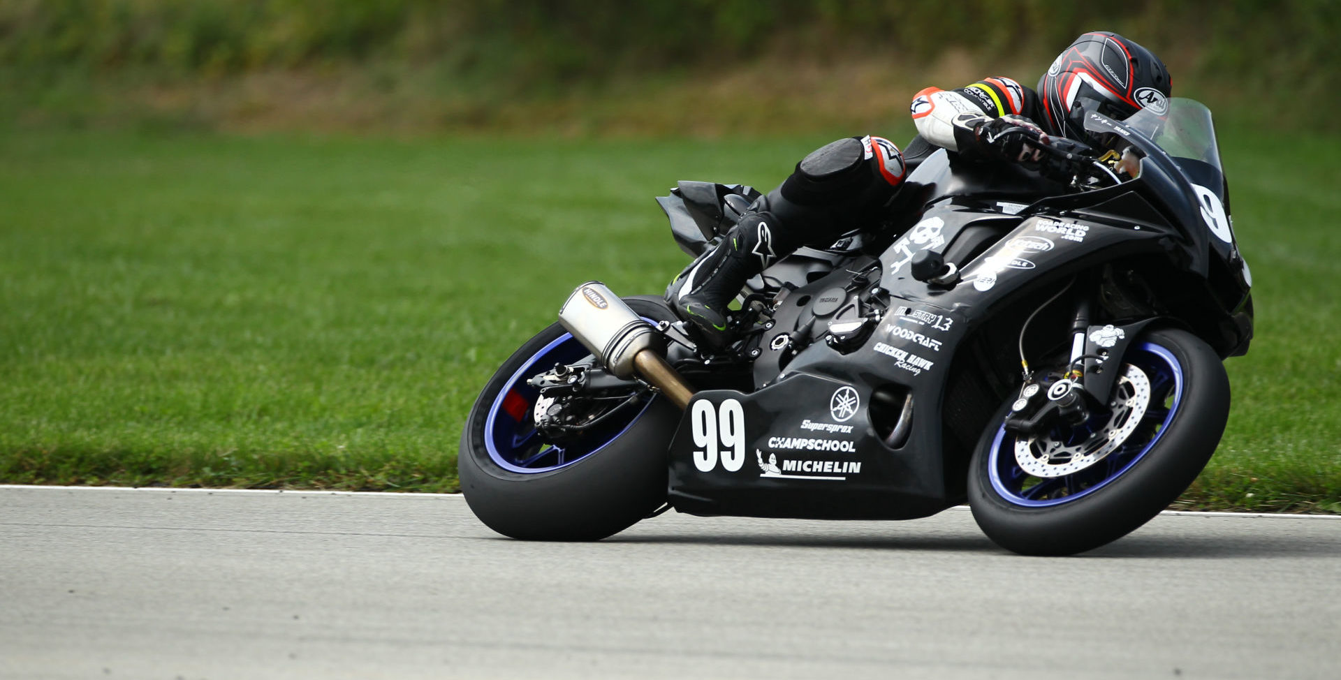 Andrew Lee (99) on the Army of Darkness Yamaha YZF-R1 at PittRace. Photo by Photos by Marty, LLC, courtesy Army of Darkness.