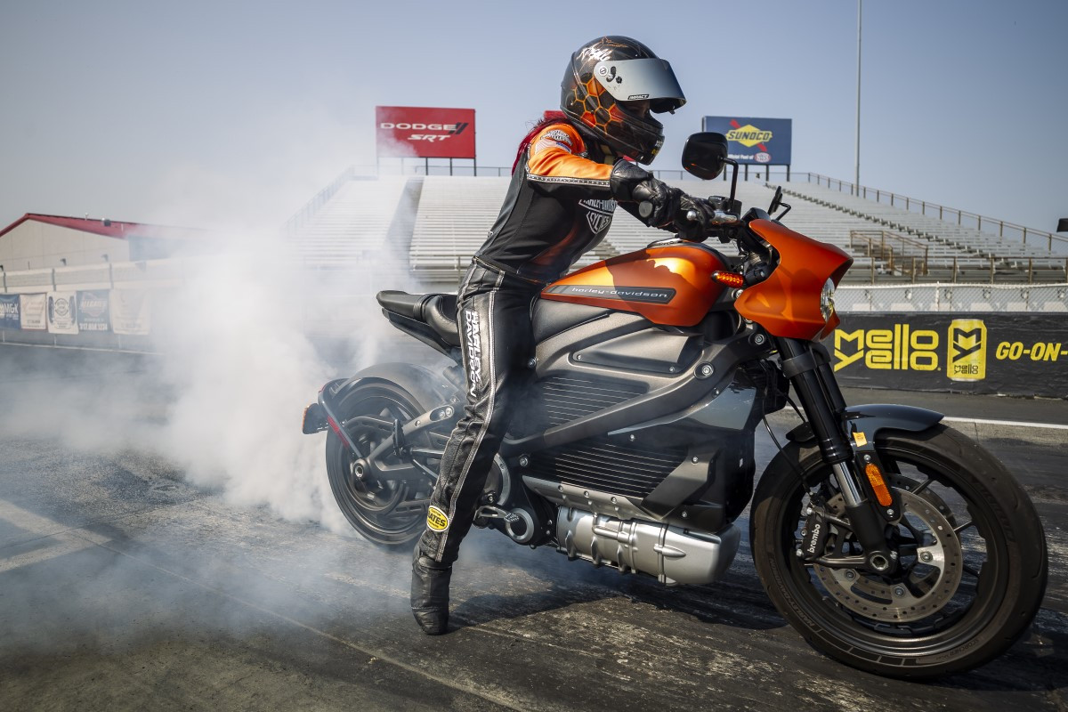 Angelle Sampey doing a burnout on a Harley-Davidson Livewire electric motorcycle during a world record attempt in Indianapolis, Indiana. Photo courtesy Harley-Davidson.