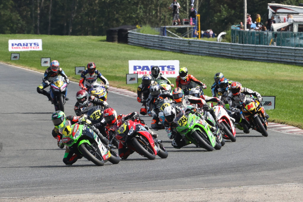 Rocco Landers (1) leads the field into Turn One at the start of Junior Cup Race One. Photo by Brian J. Nelson, courtesy MotoAmerica.