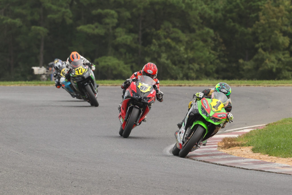 Rocco Landers (1) leads Sam Lochoff (57), Ben Gloddy (72) and the rest of the Junior Cup field early in Race Two. Photo by Brian J. Nelson, courtesy MotoAmerica.