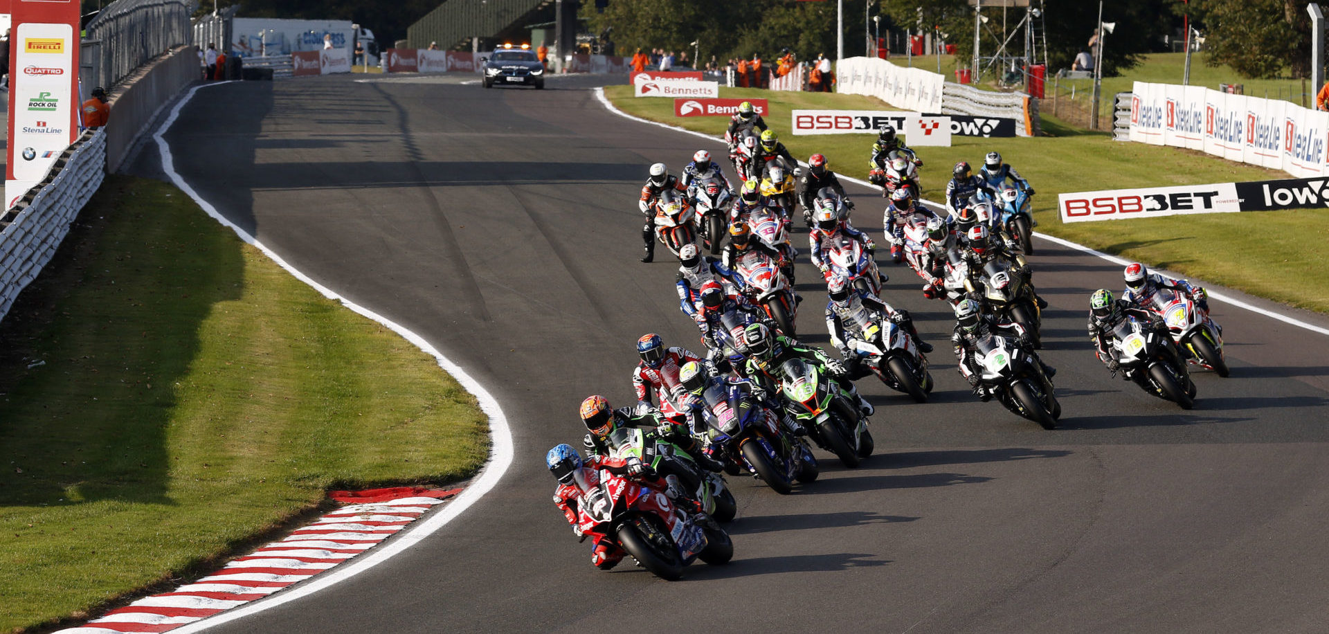 Josh Brookes (25) leads the start of a British Superbike race Sunday at Oulton Park. Photo courtesy MSVR.