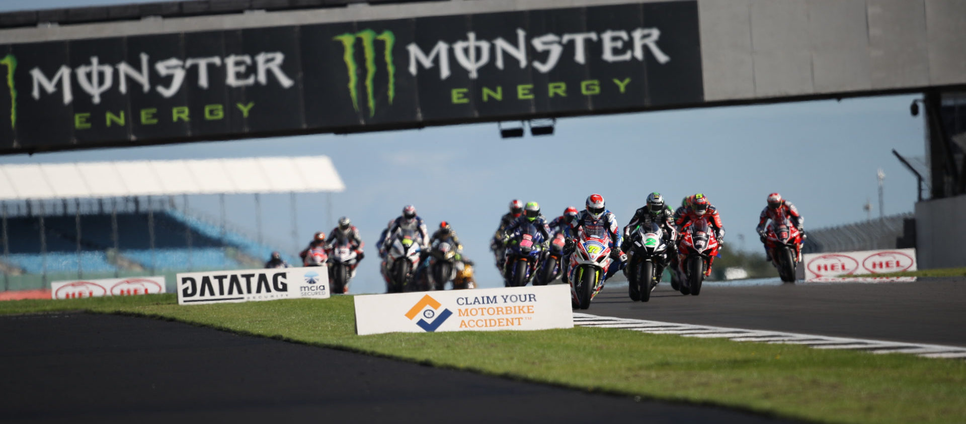 Kyle Ryde (77) leads a British Superbike race Sunday at Silverstone.