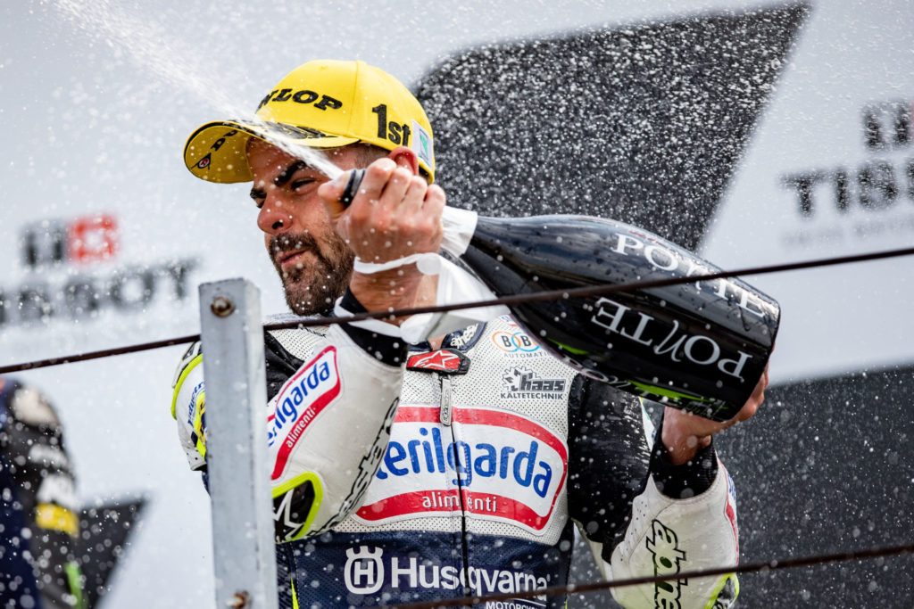 Romano Fenati on top of the Moto3 podium at Misano. Photo courtesy Husqvarna.